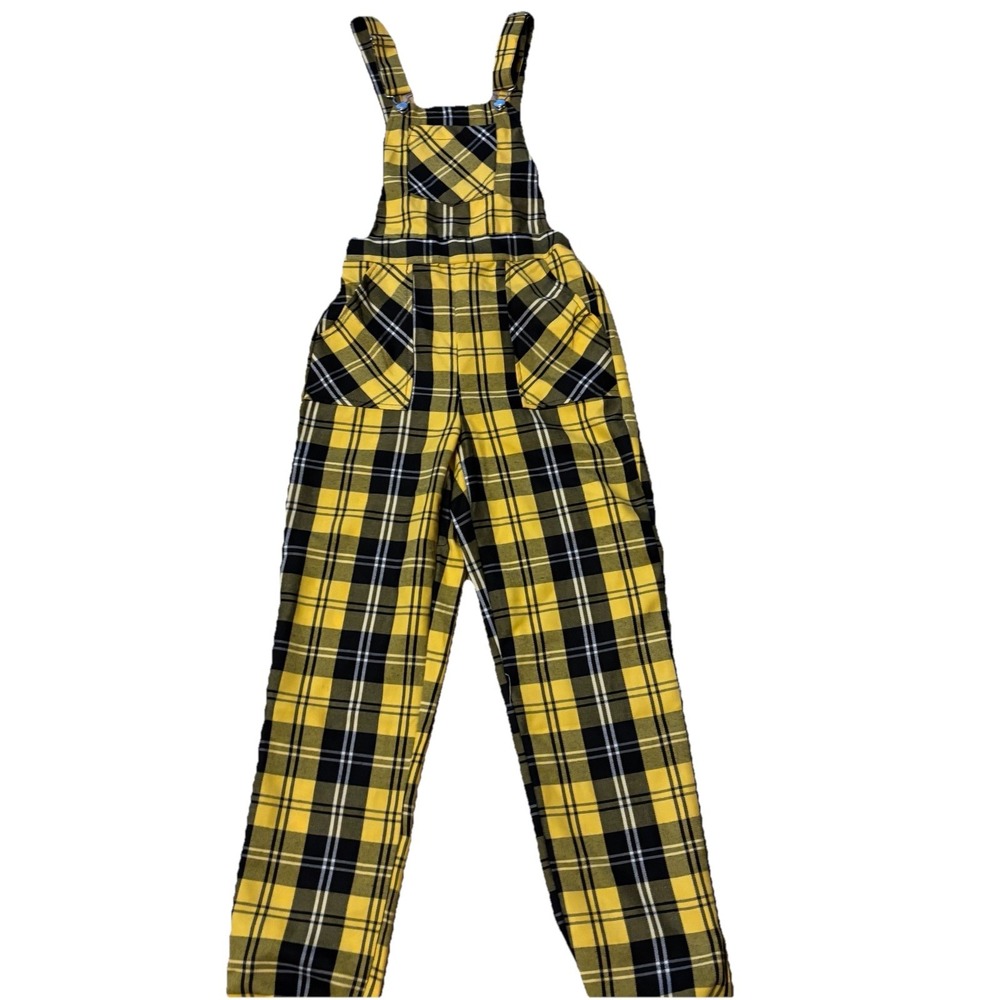 Girls Yellow Tartan Bib Overalls Jumpsuit 10/12 Kids Plaid Preppy Sunflower‎ Emo